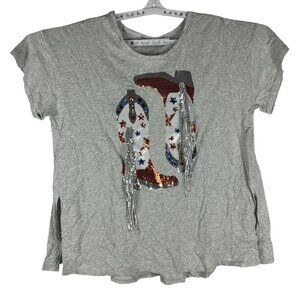 Blue B. Collection Heather Grey Sequin Cowboy Boots Fringe Tee Size Small